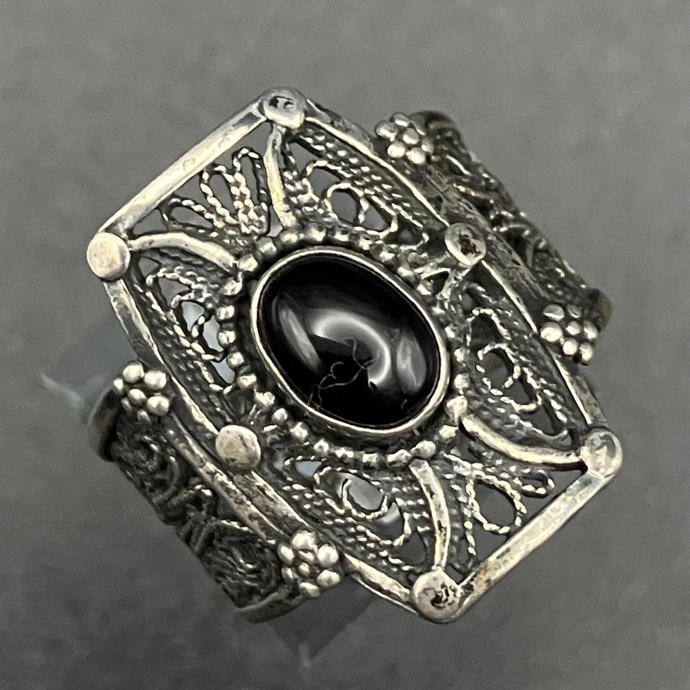 Sterling Silver Filigree Statement Ring Black Cabochon Cannetille Size 9